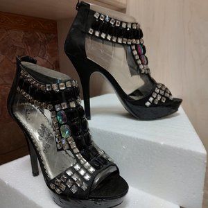 "NAUGHTY MONKEY" BLACK JEWEL STUDDED SANDALS W/4.5" HEEL & 1" PLATFORM